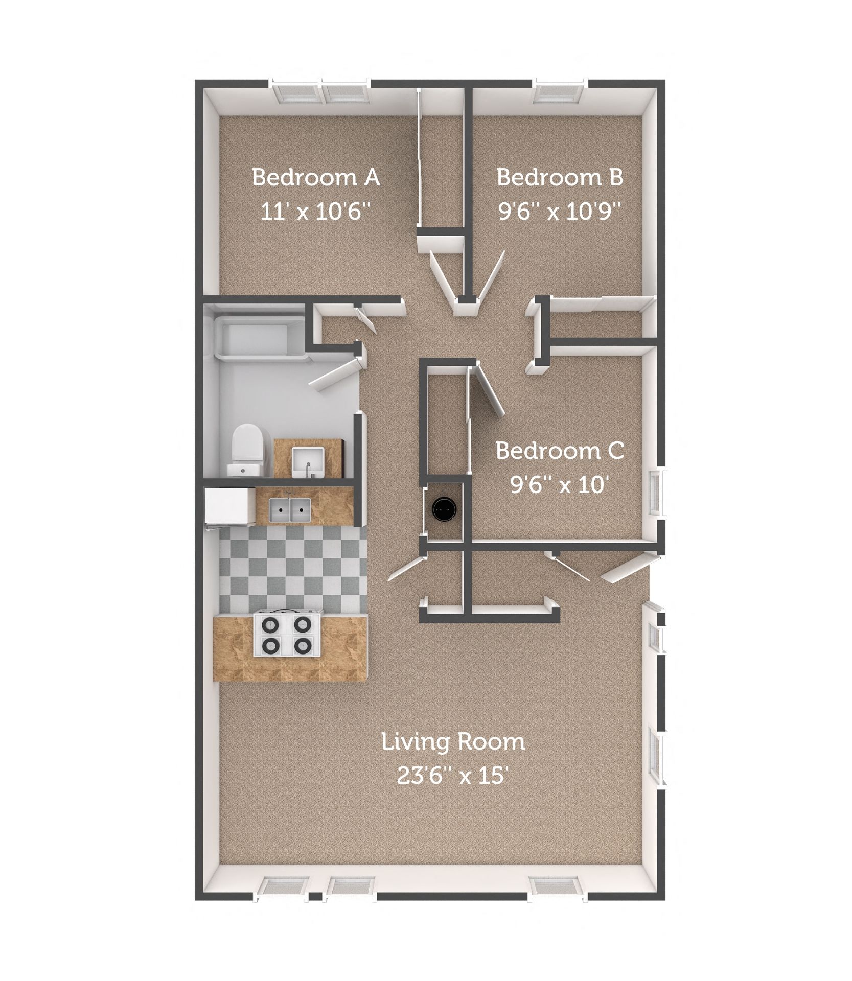 Floor plan for 3 beds, 1 bath, 1008 sqft